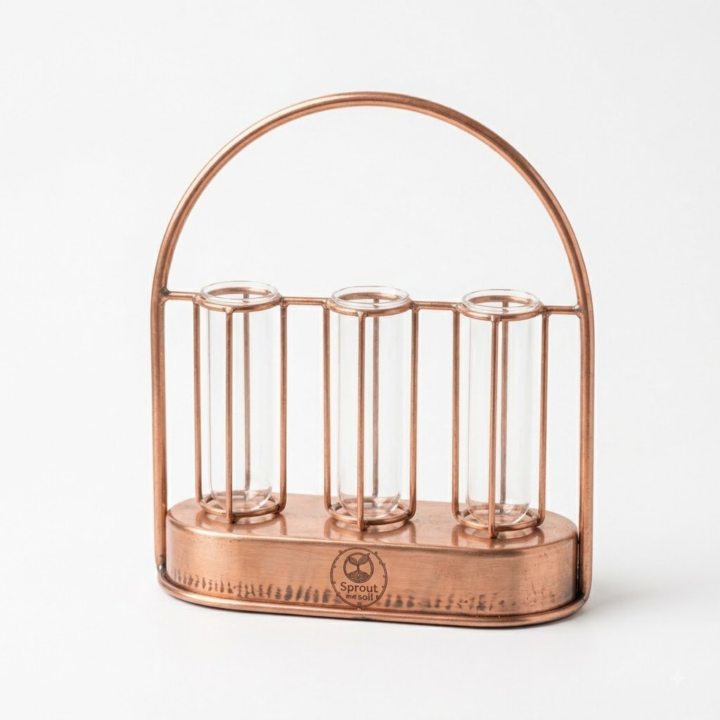 Sprout and soil product (9) Sprout and Soil Copper Wire Metal Frame Propagation Station with 3 Glass Test Tubes - Image 1